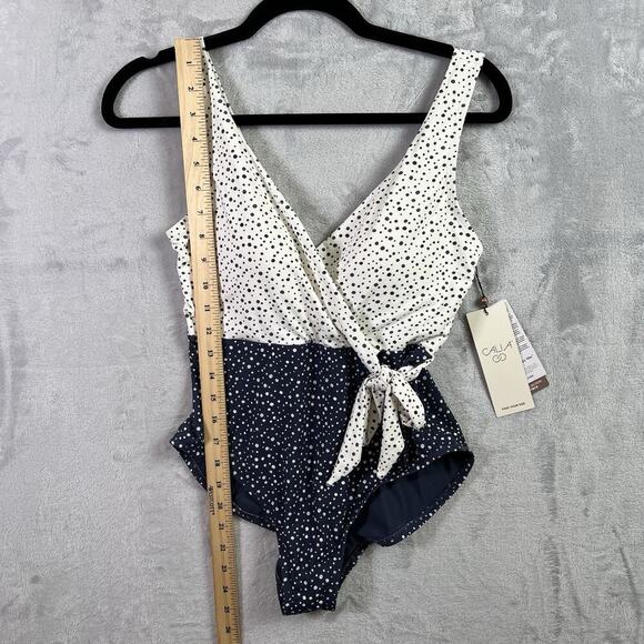 Calia Wrap Tie One Piece Swimsuit Women's 6 NWT Dotted White/Blue Summer V Neck - Picture 8 of 16